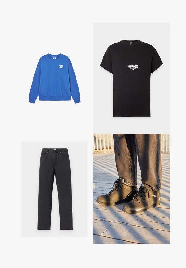 Blauwe crewneck sweatshirt van zacht katoen, met een wit logo op de linkerkant van de borst en geribbelde boorden en zoom. Glad textuur.; Zwart T-shirt met korte mouwen met wit "The North Face" logo en "Never Stop Exploring" tekst gecentreerd op de borst.; Zwarte recht gesneden spijkerbroek met vijf zakken, knoopsluiting en riemlussen, weergegeven op een lichtgrijze achtergrond.; Zwarte Timberland wandelschoenen hebben een hoge gloss ontwerpen, een gestructureerd oppervlak en ronde veters, tegen een achtergrond van een houten vloer.