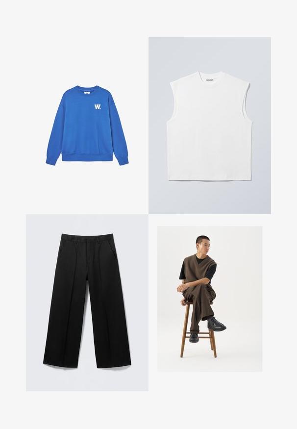 Blauwe crewneck sweatshirt van zacht katoen, met een wit logo op de linkerkant van de borst en geribbelde boorden en zoom. Glad textuur.; Wit mouwloos katoenen top met ronde hals en gestructureerde schouders, met het merk "WEEKDAY" op het label in de kraag, afgebeeld op een lichtgrijze achtergrond.; Zwarte broek met brede pijpen, voorzien van lussen voor een ceintuur, steekzakken aan de voorkant en een ritssluiting, getoond op een lichtgrijze achtergrond.; Bruin gebreid vest over een zwart t-shirt, gecombineerd met bruine wijde broek en zwarte chunky schoenen, zittend op een houten kruk.