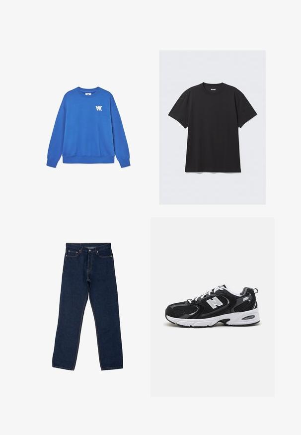 Blauwe crewneck sweatshirt van zacht katoen, met een wit logo op de linkerkant van de borst en geribbelde boorden en zoom. Glad textuur.; Zwarte korte mouwen T-shirt van katoen. Kenmerkt zich door een ronde halslijn en een ontspannen pasvorm. Eenvoudig ontwerp zonder zichtbare patronen of accenten.; Donkerblauwe denim spijkerbroek met een recht model, zichtbare stiksels in contrasterend oranje, vijf zakken en een standaard knoopsluiting.; Zwarte en grijze sport schoenen met een bovenwerk van mesh en suede, voorzien van een witte tussenzool, veters en een gedurfde "N"-logo aan de zijkant.