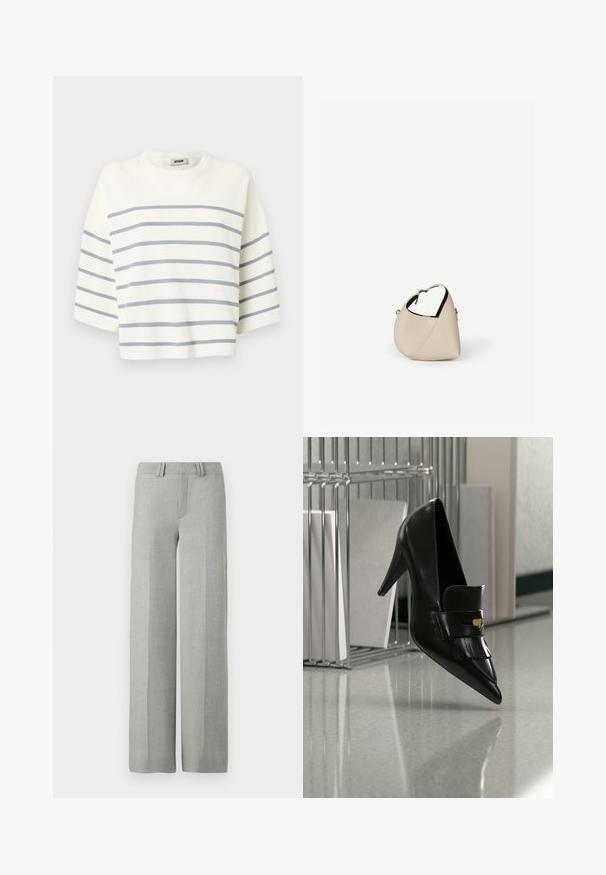 Top corto blanco hecho de tela acanalada, con rayas horizontales grises y mangas cortas. Cuello redondo sin adornos.; Pantalones gris de pierna ancha en una tela ligera, con un frente plano, presillas para cinturón y líneas limpias y ajustadas sin patrones visibles.; Zapato de tacón alto de cuero negro con punta afilada y flecos decorativos flotando sobre un suelo brillante cerca de una estantería metálica con documentos.; Bolso de cuero beige en forma de media luna con una sola correa para el hombro y costuras mínimas, colocado sobre un fondo blanco liso.