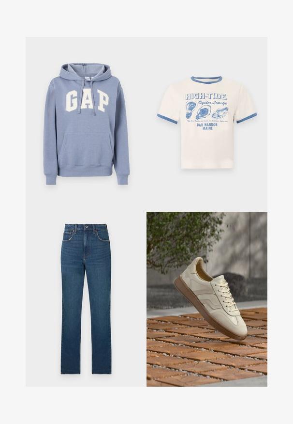 Sudadera con capucha azul claro con bolsillo frontal y logo blanco "GAP" en el pecho, que presenta capucha con cordón y puños y dobladillo acanalados.; Camiseta crema con ribetes azules que presenta el texto "HIGH-TIDE Oyster Lounge" y tres ilustraciones de conchas de ostra azules, haciendo referencia a Bar Harbor, Maine.; Vaqueros de mezclilla azul de pierna recta con cinco bolsillos y costuras visibles, presentados sobre un fondo blanco.; Zapatilla de color crema con suela de goma beige texturizada, diseño con cordones y sutiles detalles de marca en el lateral. Parte superior de cuero liso.