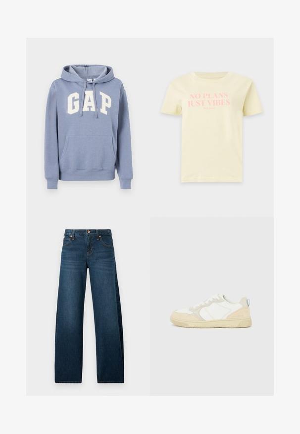 Sudadera con capucha azul claro con bolsillo frontal y logo blanco "GAP" en el pecho, que presenta capucha con cordón y puños y dobladillo acanalados.; Camiseta de manga corta amarillo claro con texto en rosa que dice "NO PLANS JUST VIBES" y un texto más pequeño "PEPE JEANS" debajo del texto.; Vaqueros de mezclilla azul oscuro de corte recto con cinco bolsillos y remaches de cobre, mostrados sobre un fondo blanco.; Zapatilla blanca y beige con parte superior de ante y textil, con costuras en contraste, suela de goma y un detalle en azul claro en el talón.