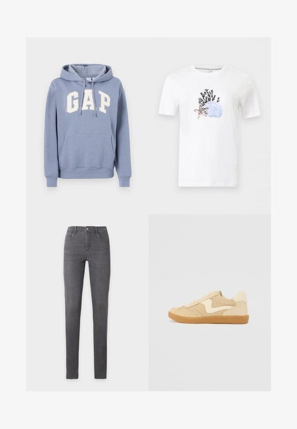 Sweat à capuche bleu clair avec poche avant et logo blanc "GAP" sur la poitrine, doté d'une capuche à cordon et de poignets et ourlet côtelés.; T-shirt blanc à manches courtes avec un col rond, présentant un imprimé frontal de corail noir, un coquillage bleu et une étoile de mer marron clair.; Jean slim gris foncé en denim avec fermeture à boutons et fermeture éclair devant, passants de ceinture et design cinq poches sur un fond uni.; Sneaker beige avec des matériaux en daim et en maille, forme arrondie, col rembourré proéminent et semelle en caoutchouc gomme. Présente un accent de design en forme de vague.