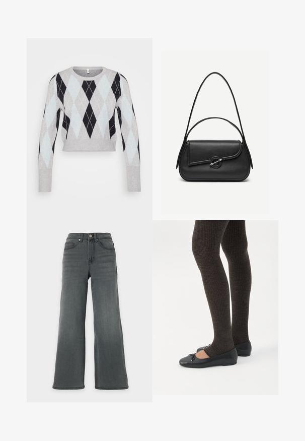 Pull court gris clair avec un motif argyle noir et bleu clair. Présente des manches longues et un col rond classique. Texture douce.; Jean en denim gris foncé taille haute, jambes larges, avec poches avant et fermeture par bouton sur un fond neutre.; Jambes portant des leggings côtelés foncés associés à des ballerines noires avec de petits détails en nœud sur fond blanc.; Sac à main en cuir noir avec bords arrondis, rabat asymétrique, fermoir circulaire en métal, et des bandoulières courtes et longues.