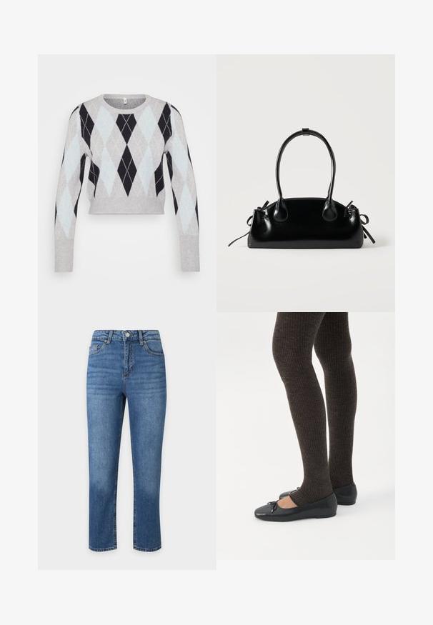Pull court gris clair avec un motif argyle noir et bleu clair. Présente des manches longues et un col rond classique. Texture douce.; Jean droit en denim bleu avec fermeture avant par bouton et fermeture éclair, passants de ceinture, poches avant et arrière.; Jambes portant des leggings côtelés foncés associés à des ballerines noires avec de petits détails en nœud sur fond blanc.; Petit sac à main noir brillant avec deux longues anses et des détails à cordon sur les côtés sur un fond clair uni.