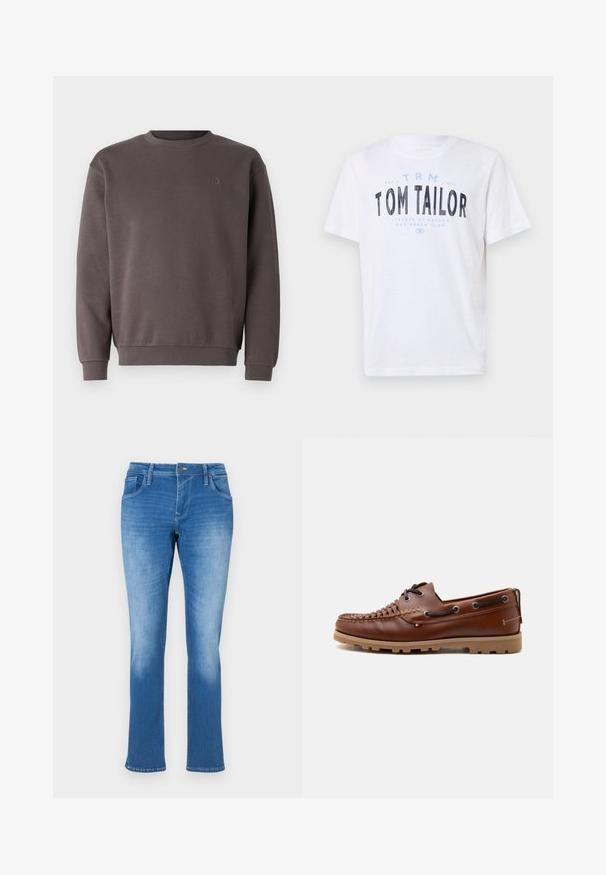 Sweat-shirt en coton gris avec un col rond, des poignets et un ourlet côtelés. Présente un petit logo ton sur ton sur la poitrine. Texture douce.; T-shirt en coton blanc avec encolure ronde et manches courtes. Comprend un texte imprimé en bleu et noir : « TOM TAILOR », « STREETS OF HAVANA », et des chiffres.; Jean en denim bleu avec coupe droite, doté de cinq poches, d'une fermeture à glissière et de coutures contrastées. Le tissu a un lavage moyen avec des décolorations.; Chaussure bateau casual en cuir marron avec bout tissé, détail lacé et semelle en caoutchouc sur fond gris clair.