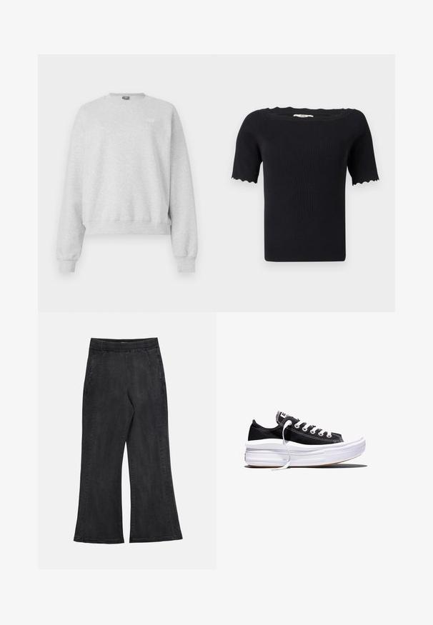 Hallhalli hall sweatshirt pehmest puuvillaseguses, ümmarguse kaelusega, pika varrukaga ja ribaga ääristusega. Ees väike logo detail.; Mustast madalmelulõhikuga soonikkoes top, millel on varrukatel lainelised äärised ja lai paadikaelus.; Mustad laia säärega püksid, millel on kummist vöökoht ja küljetaskud, valmistatud pehmest kangast, mõeldud igapäevaseks kandmiseks.; Mustad madala säärega lõuendist toss valgete paelte ja paksu, mitmekihilise valge kummist tallaga valge tausta ees.