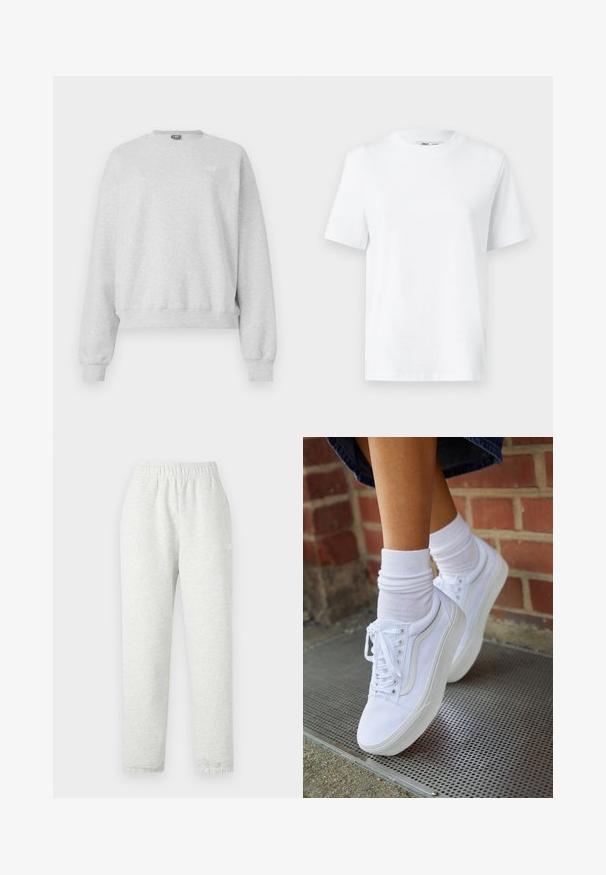 Hallhalli hall sweatshirt pehmest puuvillaseguses, ümmarguse kaelusega, pika varrukaga ja ribaga ääristusega. Ees väike logo detail.; Valge puuvillane ümarakaelusega T-särk, millel on lühikesed varrukad ja sile tekstuur. Kujundatud mugava ja mitmekesise istuvuse jaoks.; Heledad hallhalli, elastselt kohanduv vöökoht, kitsenevad sääred ja soonikservad. Valmistatud pehmest, tekstuuriga kangast. Valge logo detail külgedel.; Valged kanvas tennisikud kummitaldadega, kuue silmaga, ümmarguse varbaga ja kergete tikandite detailidega, koos valgete pahkluusokkidega.