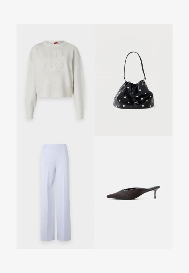 Sweatshirt court crème avec un design en tricot texturé, des poignets et un ourlet côtelés, et un logo "HUGO" en relief au centre.; Pantalons larges bleu clair en tissu doux, dotés d'une taille haute et de plis avant pour plus de structure.; Mule noire à bout pointu, talon stiletto bas et finition lisse et élégante, vue de profil sur fond blanc.; Sac à main en cuir noir avec le haut froncé, clous argentés, cordon noué et bandoulière simple sur fond blanc.