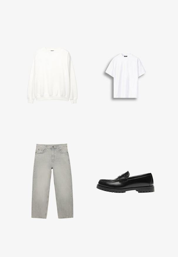 Hvid sweatshirt, rund hals, lange ærmer, afslappet pasform. Blødt stof med ribbede mansjetter og kant. Minimalistisk design, ingen synlige logoer eller mønstre.; Enkel hvid t-shirt med korte ærmer og rund hals med løs pasform, vist mod en hvid baggrund med skygge på venstre side.; Lysegrå denimjeans med højtaljet, lige ben, knaplukning foran og fem lommer, lagt fladt på en hvid baggrund.; Sort læderloafer med en kraftig gummisål og klassiske penny-strap detaljer, vist fra ydersiden.