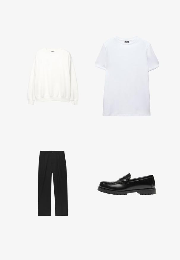 Hvid sweatshirt, rund hals, lange ærmer, afslappet pasform. Blødt stof med ribbede mansjetter og kant. Minimalistisk design, ingen synlige logoer eller mønstre.; Simpel hvid t-shirt med korte ærmer og rund halsudskæring med en sort Pull&Bear mærkat indeni kraven, vist på en hvid baggrund.; Sorte bukser med lige ben, lavet af et glat stof. Har frontfolder og en enkelt knaplukning i taljen.; Sort læderloafer med en kraftig gummisål og klassiske penny-strap detaljer, vist fra ydersiden.
