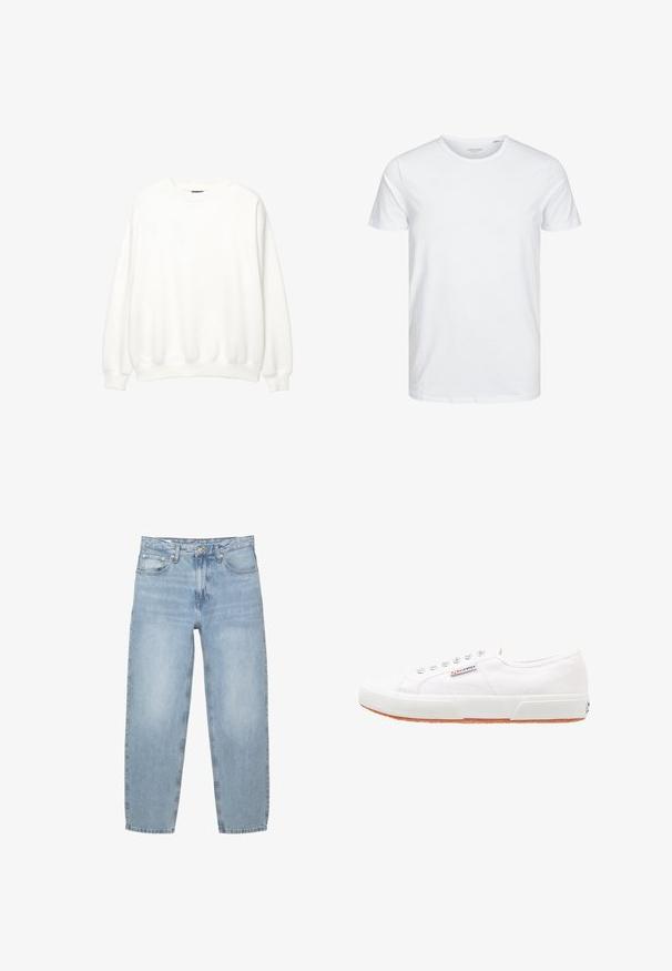 Hvid sweatshirt, rund hals, lange ærmer, afslappet pasform. Blødt stof med ribbede mansjetter og kant. Minimalistisk design, ingen synlige logoer eller mønstre.; Rundhals kortærmet t-shirt i ensfarvet hvid, lavet af blød bomuld, har et simpelt design uden synlige mønstre eller detaljer.; Lyseblå denim jeans, løs pasform, høj talje, fem-lommer design, knap- og lynlåsåbning, lige ben med let flosset kant.; Hvide kanvas sneakers med gummisål, snørebåndsdesign og et lille logo mærke på siden. Tekstureret hvid overdel og brun ydersål.