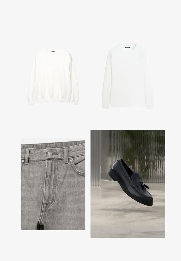 Hvid sweatshirt, rund hals, lange ærmer, afslappet pasform. Blødt stof med ribbede mansjetter og kant. Minimalistisk design, ingen synlige logoer eller mønstre.; Enkelt hvid langærmet rundhalset skjorte med en lille sort label indeni kraven på hvid baggrund.; Grå denimjeans foran med knaplukning, bæltestropper og synlige forlommer.; Sorte læderloafers med en glat tekstur, en rundet tå og dekorative kvaster foran. Fleksibel gummisål med lav hæl.