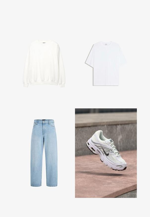 Hvid sweatshirt, rund hals, lange ærmer, afslappet pasform. Blødt stof med ribbede mansjetter og kant. Minimalistisk design, ingen synlige logoer eller mønstre.; Hvid oversized bomulds t-shirt med rund hals og korte ærmer; glat tekstur, uden synlige mønstre eller accenter.; Lyseblå jeans med høj talje og vide ben, med forlommer, bæltestropper og lukning med knap og lynlås.; Hvide og grå Nike løbesko svævende i luften over rødbrun belægning med uskarpe betontrapper i baggrunden.