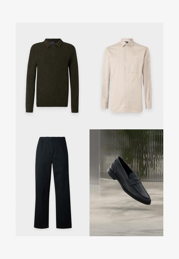 Grøn langærmet polo sweater med struktureret finish, to knaplukninger og ribstrikkede manchetter. Enkel, klassisk design der er velegnet til afslappet brug.; Lys beige langærmet skjorte, lavet af glat bomuldsstof, med krave, brystlomme og knaplukning foran.; Sorte bukser med lige ben og elastik i taljen, uden synlige lommer eller pynt, vist på en ensfarvet lys baggrund.; Sort læderloafer med glat finish, spids tå og sømdetaljer over vristen. Lav hæl og minimalistisk design.
