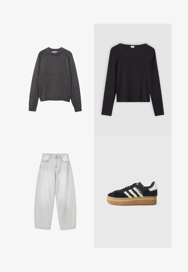 Mørkegrå sweater med rund hals, ribbede manchetter og kant. Strikket tekstur med en afslappet pasform og lange ærmer.; Sort langærmet top med firkantet udskæring, lavet af et glat stof. Har et tætsiddende design og en kort længde. Enkel, minimalistisk stil.; Lysegrå vide jeans lavet af denim, med frontlommer, en knaplukning i taljen og en let falmet finish.; Sorte, langhårede sneakers med hvide striber og gyldent skrift, der har en tyk gummisål og struktureret overdel. Pyntet med en fluffy bagside.