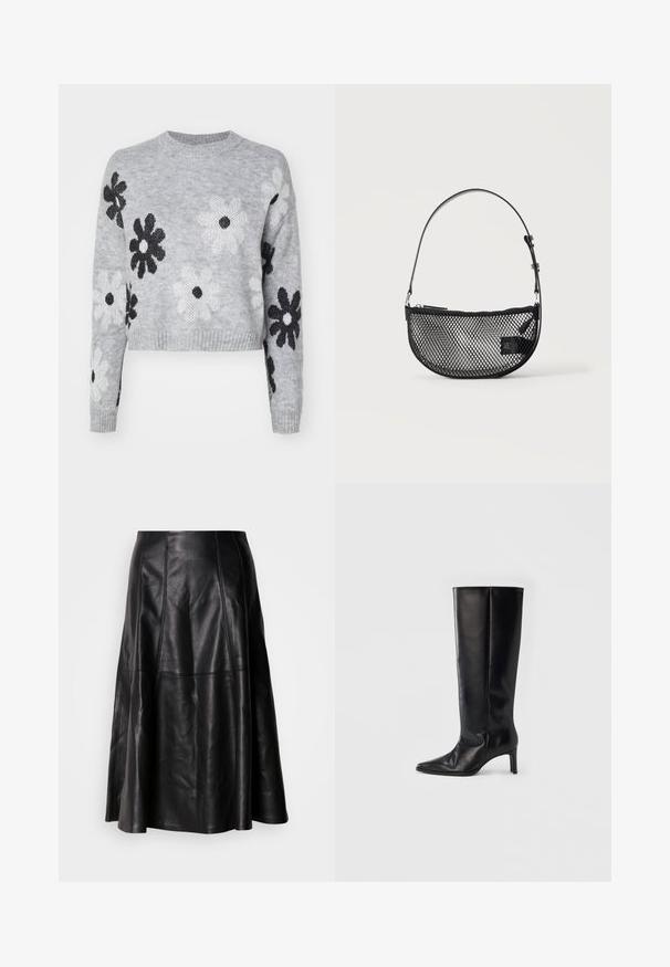 Pull en maille cropped gris clair avec des motifs floraux noirs et blancs, encolure ronde et poignets côtelés. Texture douce, design décontracté.; Jupe en cuir noir avec une silhouette évasée, présentant des coutures visibles et une texture lisse. Conception mi-longue avec une coupe classique.; Bottes noires montantes en cuir lisse, avec un bout pointu et un talon fin, une tige ajustée et un design minimaliste.; Sac à main en maille noire forme demi-lune avec une courte bandoulière en cuir réglable et une fermeture éclair sur un fond clair uni.