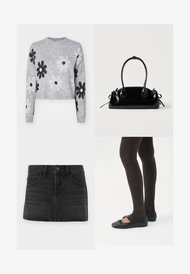Lyst grå cropped striktrøje med sort og hvid blomstermønster, rund halsudskæring og ribbede manchetter. Blød tekstur, casual design.; Sorte denimskørt med en tætsiddende design, fem lommer og en talje. Har en metalknaplukning og subtile falmede detaljer.; Ben iført mørke ribbede leggings kombineret med sorte balletsko med små sløjfedetaljer på hvid baggrund.; Lille sort blank håndtaske med to lange håndtag og snøre-detaljer i siden på en ensfarvet lys baggrund.