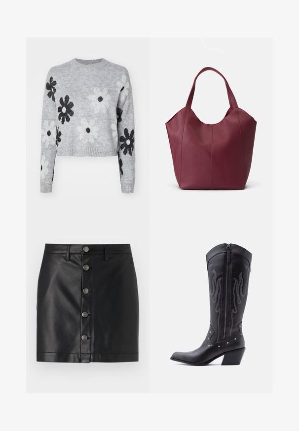 Lyst grå cropped striktrøje med sort og hvid blomstermønster, rund halsudskæring og ribbede manchetter. Blød tekstur, casual design.; Sort læderskirt med tætsiddende design, der har fem sølvfarvede metalknapper ned foran og en lige kant. Glat tekstur.; Sorte cowboystøvler i læder med spids tå, synlige sømme, sølvfarvede nitte-detaljer og lynlås på den indvendige side.; Bordeaux læder tote taske med to robuste håndtag, der har en glat tekstur og en konisk design med sømdetaljer foran.