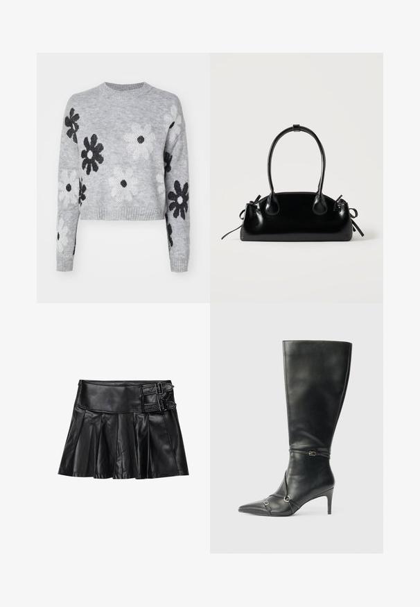 Lyst grå cropped striktrøje med sort og hvid blomstermønster, rund halsudskæring og ribbede manchetter. Blød tekstur, casual design.; Sort læderskirt med pliser, bred talje og to spænde-accenter på siden. Glat tekstur med en blank finish.; Sorte knæhøje støvler i læder med en slank hæl, spids tå og remdetaljer ved anklen. Glat tekstur og tætsiddende design.; Lille sort blank håndtaske med to lange håndtag og snøre-detaljer i siden på en ensfarvet lys baggrund.