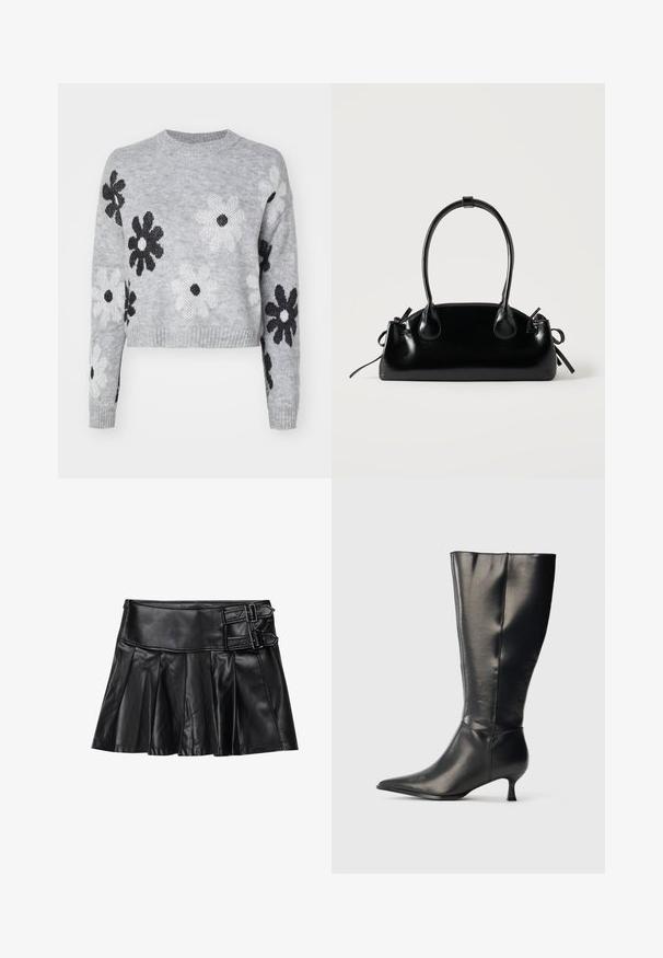 Lyst grå cropped striktrøje med sort og hvid blomstermønster, rund halsudskæring og ribbede manchetter. Blød tekstur, casual design.; Sort læderskirt med pliser, bred talje og to spænde-accenter på siden. Glat tekstur med en blank finish.; Sort knæhøj læderstøvle med spids tå og lav kittenhæl, vist på en enkel lys baggrund.; Lille sort blank håndtaske med to lange håndtag og snøre-detaljer i siden på en ensfarvet lys baggrund.
