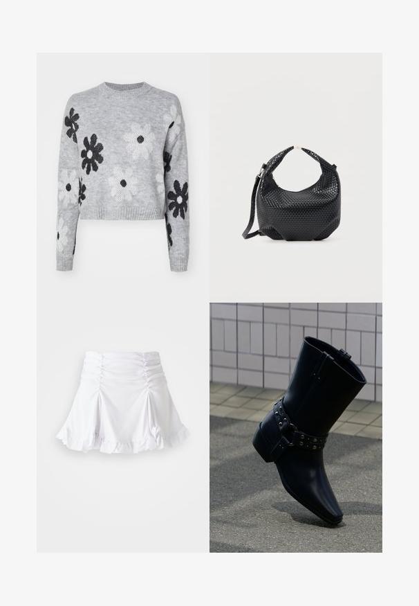 Lyst grå cropped striktrøje med sort og hvid blomstermønster, rund halsudskæring og ribbede manchetter. Blød tekstur, casual design.; Hvid nederdel lavet af tekstureret stof med rynkedetaljer og bølger. Har en udvidet design med en tætsiddende talje.; Sort læderankelstøvle med spids tå, rem med spænde og sølvnitter samt en chunky hæl. Glat tekstur med minimalistisk design.; Sort flettet læderhåndtaske med kort håndtag og aftagelig skulderrem, vist mod en ensfarvet lys baggrund.
