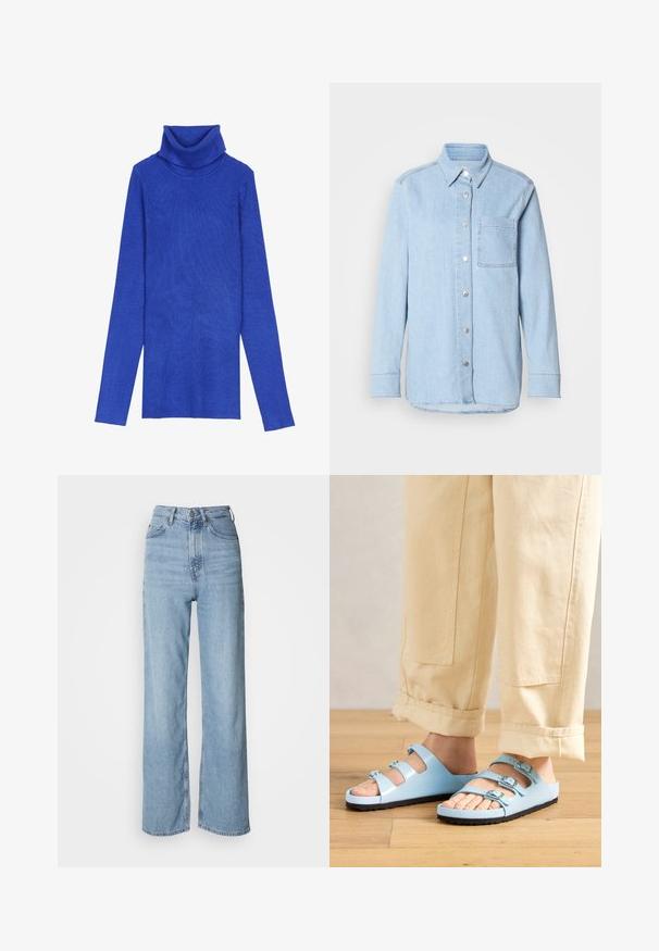 Kongeligt blåt ribstrikket turtleneck-sweater lavet af tekstureret stof med lange ærmer og en fold-over krave, der har en smal pasform.; Lyseblå denimskjorte med knaplukning foran, spids krave, enkelt brystlomme og lange ærmer med knapmanchetter.; Lyseblå højtskårne jeans med lige ben, lavet af denim, med frontknaplukning og diskrete falmede detaljer.; Lysblå slidesandaler med tre justerbare stropper og sølvspænder; tekstureret sål og glat overflademateriale. Båret med opkrøllede beige bukser.