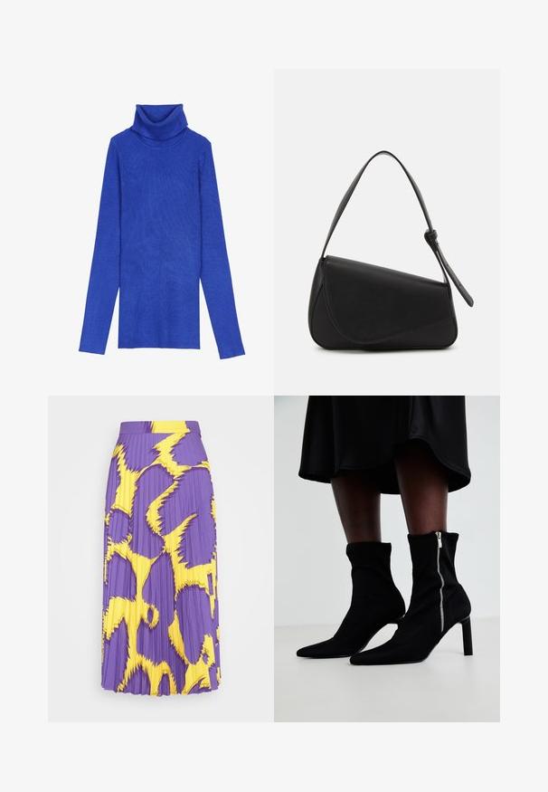 Kongeligt blåt ribstrikket turtleneck-sweater lavet af tekstureret stof med lange ærmer og en fold-over krave, der har en smal pasform.; RICH MNISI SCRAMBLE SKIRT - Pliceret nederdel /Nederdele med folder - purple/yellow; Sorte ankelstøvler med en strækbart stofoverdel, spids tå og en sidelukning med lynlås, sat på en slank, høj hæl.; Sort læderhåndtaske med en triangular form, skrå klap og et rundt håndtag. Har en glat overflade og minimalistiske design detaljer.