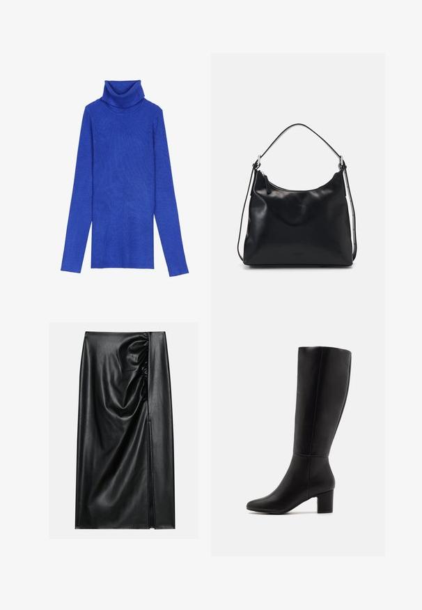 Suéter de cuello alto acanalado en azul royal, hecho de una tela texturizada, con mangas largas y un cuello doblado, que presenta un diseño ajustado.; Falda de cuero negro con una textura suave, con una sección fruncida en un lado y una abertura lateral para añadir detalle.; Anna Field by Zalando Botas - black; Mujer joven con cabello negro largo sentada sobre un bloque de madera, vistiendo un atuendo crema y sosteniendo un bolso de hombro de cuero negro cruzado sobre el pecho.