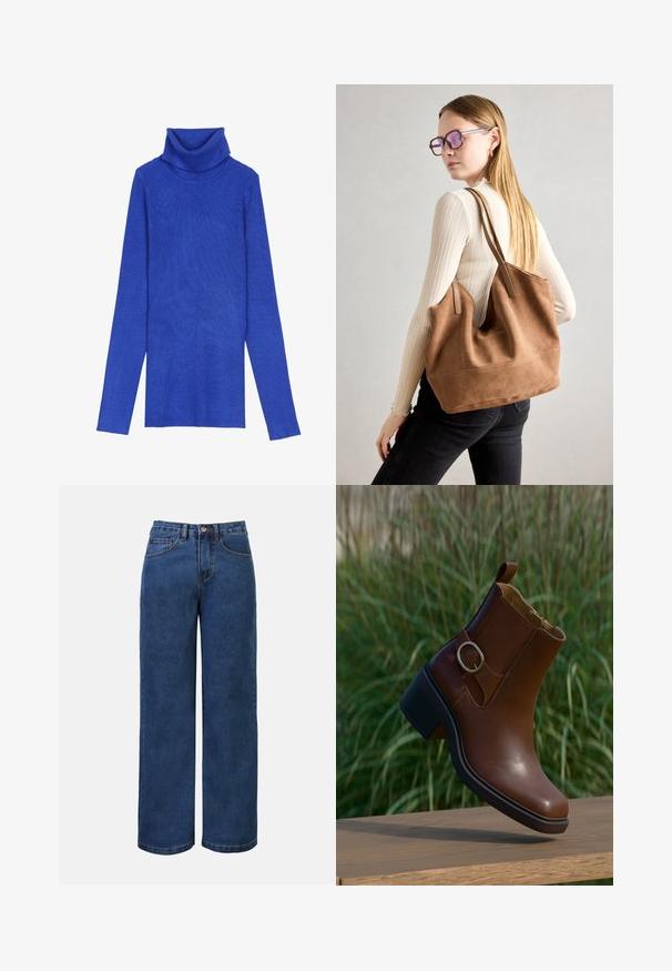 Kongeligt blåt ribstrikket turtleneck-sweater lavet af tekstureret stof med lange ærmer og en fold-over krave, der har en smal pasform.; Mørkeblå denim bukser med bred benvidde og høj talje, der har knaplukning, bæltestropper samt for- og baglommer. Glat tekstur.; Brun læderankelstøvle med spænde og lav blokhæl, der hviler på en træoverflade med en baggrund af grøn græs.; Brun ruskind tote taske med blød tekstur, stor åbning og lange stropper. Har et enkelt design med synlige syninger og ingen hardware.