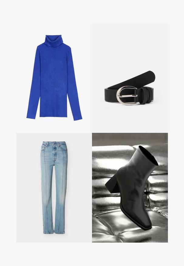 Kuningrubiinist ribidega turtleneck-sweater, valmistatud tekstuurilisest kangast, pika varrukaga ja kokkuvolditava kaelusega, millel on saledat lõiget.; Hele sinised kõrge vöökohaga sirge säärega teksapüksid esikõmblustega, nööpidega kinnitatavad ja viie taskuga, valgel taustal.; Must musta narmand, läikiva materjali ja ruudukujulise varbaga ning kitseneva kontsaga, paigutatud läikiva hõbedaselt tuftitud tausta ette.; Musta nahkavöö siledast tekstuurist, millel on hõbedase tooni metallist pandla ja lihtsad aasade aksessuaarid. Kujundus on stiilne ja minimalistlik.