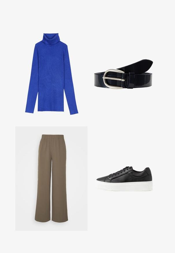 Kongeligt blåt ribstrikket turtleneck-sweater lavet af tekstureret stof med lange ærmer og en fold-over krave, der har en smal pasform.; Selected Wide-leg Classic - Bukser - morel; Sort læder sneakers med struktureret overflade, hvid gummisål, rund tå og snøre-design. Har syede detaljer og glat tunge.; Vanzetti Bælter - marine