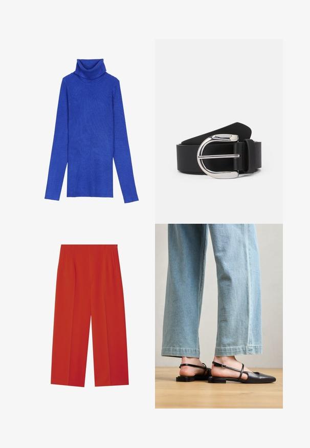Koningsblauwe geribbelde turtleneck trui gemaakt van textiel met lange mouwen en een omgeslagen kraag, met een slanke pasvorm.; Rode wijde broeken met een gladde textuur, met zijzakken en een getailleerde pasvorm. Schone lijnen en geen zichtbare sluitingen.; Zwarte leren slingback schoenen met een spitse neus, platte hak en enkelband; gedragen met lichtblauwe wijde jeans.; Zwarte leren riem met een zilveren metalen gespan, met een gladde textuur en een klassiek ontwerp. De riem heeft een breedte van 3,8 cm.