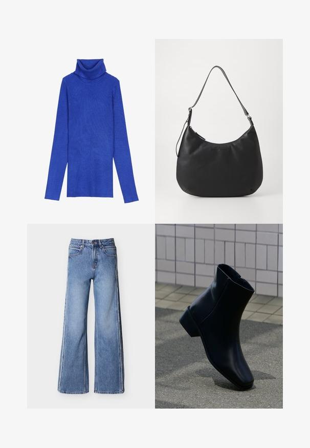 Kuningrubiinist ribidega turtleneck-sweater, valmistatud tekstuurilisest kangast, pika varrukaga ja kokkuvolditava kaelusega, millel on saledat lõiget.; Laia jalas sinised teksapüksid, mis on valmistatud denimist, kõrge vöökohaga, kontrastse õmblusega ja õrnalt pleekinud tekstuuriga.; Must nahktõmmidega pahkluu saabas, millel on ruudukujuline varvas ja madal, virnastatud konts. Sulgemiseks on siseküljel tõmblukk.; Must väljendiga must hobokott, mis on valmistatud siledast ja vastupidavast materjalist. Omab ühte reguleeritavat rihma ja diskreetset reljeefset logo ees.