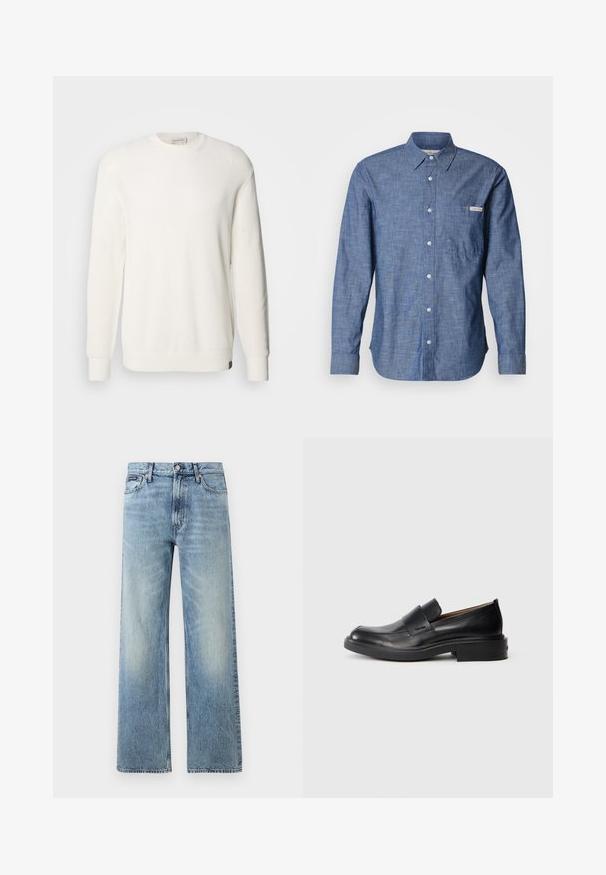 Calvin Klein Jeans CREW - Jersey de punto - tofu; Camisa azul de manga larga con botones, confeccionada en una tela ligera y texturizada. Cuenta con un bolsillo en el pecho izquierdo y una pequeña etiqueta con el logo. Los botones son claros.; Vaqueros de mezclilla azul claro de corte recto con cintura alta, cinco bolsillos, cierre de botón y sutil desgaste en los muslos y las rodillas.; Zapato de vestir negro de cuero sin cordones con tacón bajo y un sutil logo de Calvin Klein en el lateral, mostrado en perfil sobre un fondo blanco.