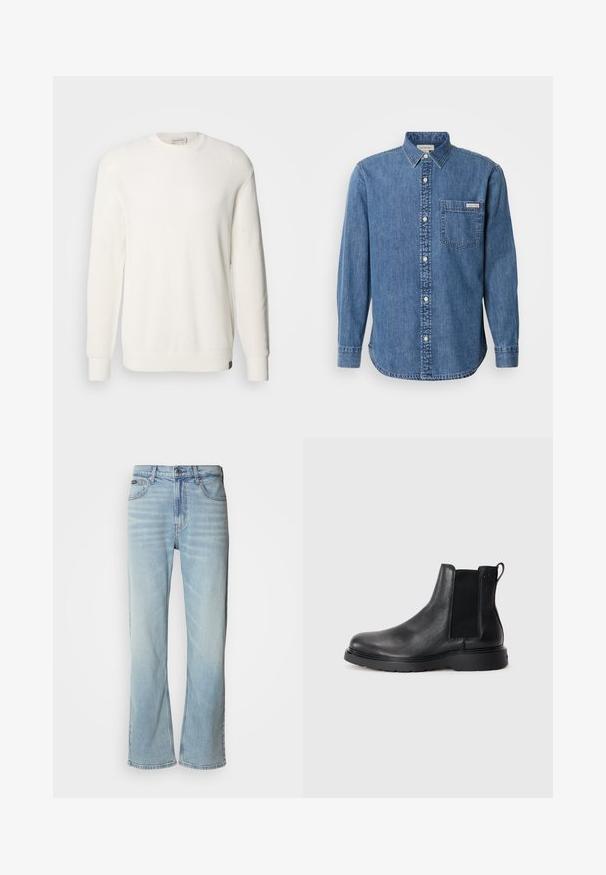 Calvin Klein Jeans CREW - Svetrík - tofu; Džínsová košeľa v stredne modrej farbe s golierom na gombíky, dlhými rukávmi, prednou vreckom a bielymi gombíkmi. Má mierne zakrivený lem.; Svetlo modré džínsy so strihom rovného nohavice, obsahujúce päť vreciek, zapínanie na gombík a jemné vyblednutie na látke.; Čierne kožené chelsea čižmy s textúrovaným povrchom, elastickými bočnými panelmi a pevným gumovým podpätkom. Diskrétny branding na päte.