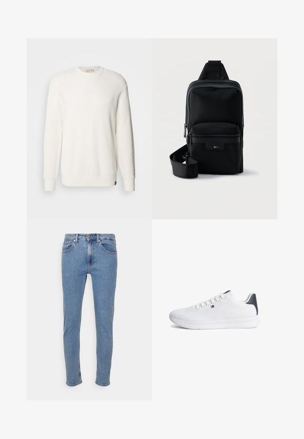 Calvin Klein Jeans CREW - Striktrøje - tofu; Lyseblå slim-fit jeans med frontknap og lynlås, for- og baglommer, præsenteret på hvid baggrund.; Hvid sportssneaker med perforeret overdel, hvide snørebånd, polstret sål, lille Tommy Hilfiger-logo på siden og sort hælflip.; Sort kompakt skuldertaske med lynlås foran, justerbar rem og tekstureret stof på ensfarvet baggrund.