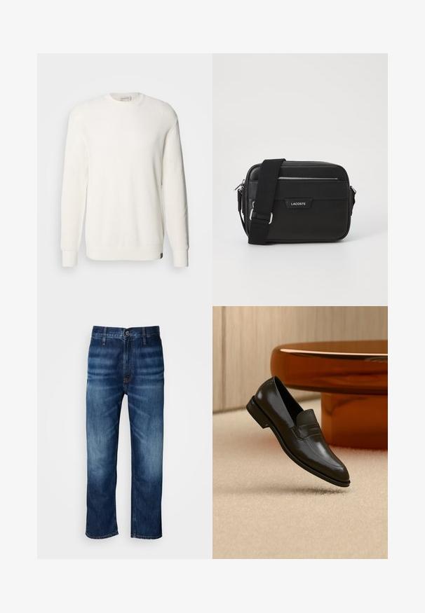 Calvin Klein Jeans CREW - Svetrík - tofu; Tmavomodré rovné džínsy s jemným vyblednutím na stehnách a zapínaním na gombík v páse, vystavené na bielom pozadí.; Čierny kožený mokasín s elegantným dizajnom, ktorý obsahuje textúrovaný pás a hladký povrch. Položený na jemnom, svetlom pozadí.; Čierna messenger taška z textúrovaného syntetického materiálu, so striebornými kovovými detailmi, nastaviteľným popruhom. Obsahuje predný logový štítok a zipsové uzatváranie.