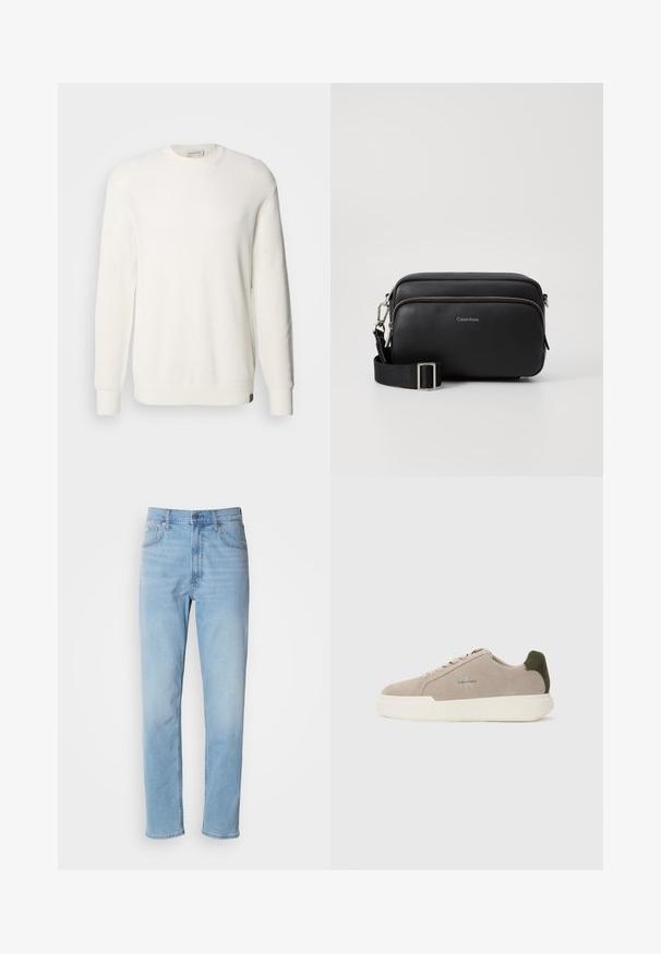 Calvin Klein Jeans CREW - Striktrøje - tofu; Lys blå denim jeans med lige pasform, fem lommer og bæltestropper. Stoffet har en glat overflade med en let falmningseffekt.; Beige ruskinds sneakers med en hvid gummisål, der har en mørkegrøn hælaccent og subtil branding på siden.; Sort læder crossbody taske med to lynlåslommer, struktureret overflade, justerbar rem og sølvhardware detaljer. Calvin Klein-logoet er vist.