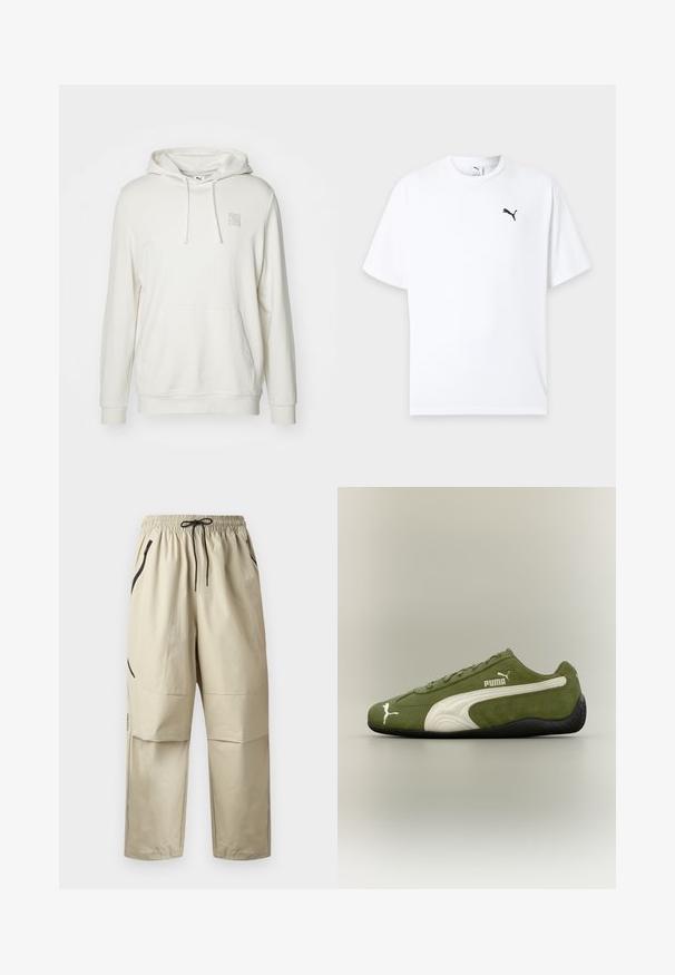 Lys beige hoodie lavet af en bomuldsblandingsmateriale. Har en kængurulomme, snoretrækslids og et lille logo-patch på brystet.; Hvid t-shirt med korte ærmer og rund hals med en lille sort Puma-logo på venstre bryst mod en lys baggrund.; Beige letvægtsbukser med elastisk taljebånd, sort snøre og lynlåslommer i siderne, vist forfra på ensfarvet baggrund.; Olivengrøn ruskinds Puma-sneaker med hvid stribe og logo, sort sål, set fra siden på neutral baggrund.