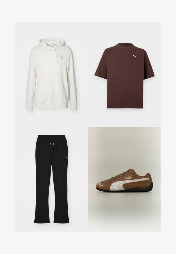 Lys beige hoodie lavet af en bomuldsblandingsmateriale. Har en kængurulomme, snoretrækslids og et lille logo-patch på brystet.; Brun T-shirt med korte ærmer og rund hals med lille hvid Puma-logo på venstre bryst mod en hvid baggrund.; Sorte sweatpants med elastisk talje og snor, med sidelommer og et diskret logo på venstre ben. Blødt stof, flagrende form.; Brun ruskindsneaker med hvide accenter og tekstureret design. Har en sort gummisål og et fremtrædende Puma-logo på siden.