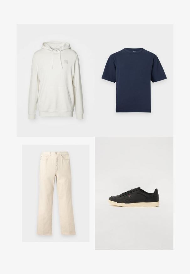 Sweatshirt beige clair en mélange de coton. Il possède une poche kangourou, une capuche avec cordon de serrage et un petit logo brodé sur la poitrine.; T-shirt bleu foncé à manches courtes avec col rond, coupe régulière, présenté sur un fond gris clair uni.; Pantalon beige à jambes droites avec poches avant, passants pour ceinture, fermeture par bouton et braguette zippée, présenté sur un fond uni.; Baskets basses en cuir noir avec une semelle en caoutchouc crème, dotées d'une surface texturée et de lacets noirs. Accents de logo près de la languette.