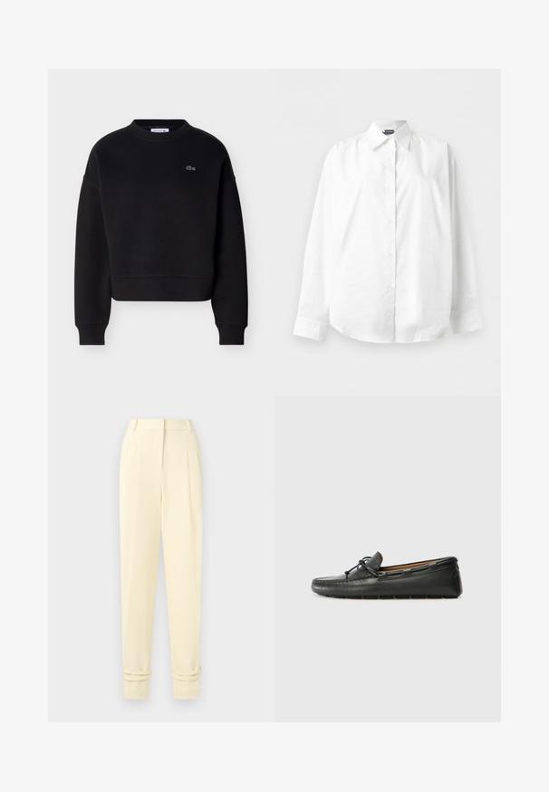 Sweat-shirt noir à col ras du cou avec manches longues et petit logo crocodile Lacoste brodé en blanc sur le côté gauche de la poitrine.; Chemise blanche à manches longues avec col pointu, boutonnée, présentée à plat sur un fond blanc uni.; Pantalon tailleur crème taille haute avec plis, jambes fuselées et revers roulés aux chevilles, présenté sur un fond uni.; Bateau en cuir noir avec un bout arrondi, des détails de couture, un petit accent en nœud et une semelle en caoutchouc. Texture lisse et design épuré.