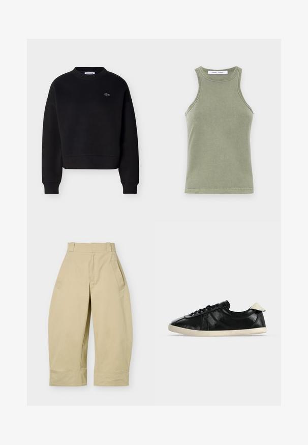 Sweat-shirt noir à col ras du cou avec manches longues et petit logo crocodile Lacoste brodé en blanc sur le côté gauche de la poitrine.; Débardeur vert olive en coton doux, avec un col rond, sans manches et des bords cousus. Forme simple et ajustée.; Pantalon beige taille haute, coupe large et courte, avec passants de ceinture, poches latérales et coutures apparentes aux ourlets.; Baskets basses noires avec semelle blanche et languette au talon, tige en cuir texturé et lacets noirs sur fond clair uni.