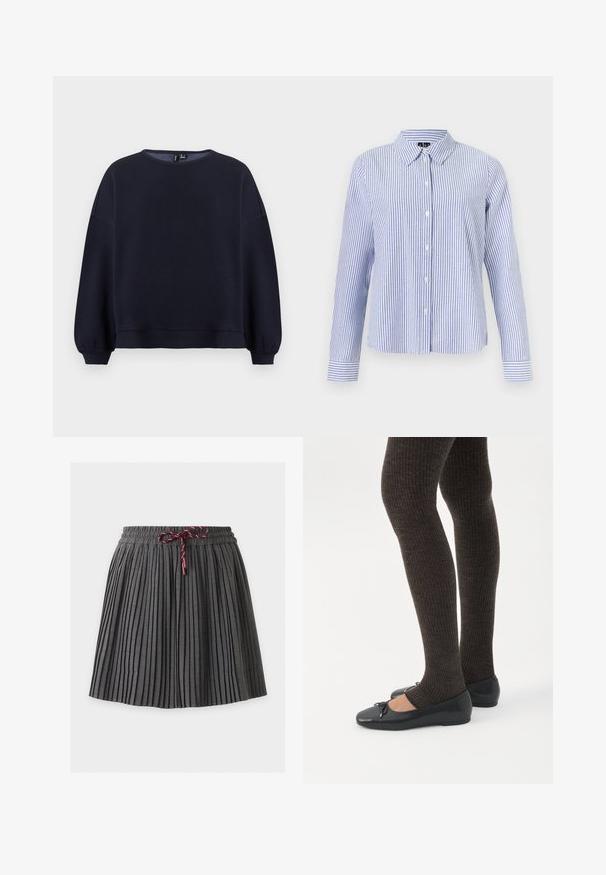 Sudadera azul marino con escote redondeado, hombros caídos y puños fruncidos. Textura suave con un corte relajado y dobladillo acanalado.; Camisa de manga larga con botones, con rayas verticales blancas y azul claro y cuello puntiagudo, mostrada sobre un fondo liso.; Falda plisada gris oscuro con cintura elástica y cordón granate atado en el centro delantero.; Piernas con leggings oscuros acanalados combinados con bailarinas negras que presentan pequeños detalles de lazo sobre un fondo blanco.
