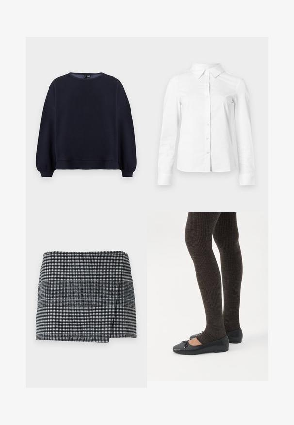 Marineblauwe sweatshirt met een ronde halslijn, verlaagde schouders en verzamelde mouwen. Soepele textuur met een relaxte pasvorm en geribbelde zoom.; Witte blouse met lange mouwen en knopen, met puntige kraag, rechte zoom en aansluitende silhouet, weergegeven op een effen lichte achtergrond.; Wollen mini-jurk met een zwart-wit houndstooth patroon, rechte snit met een lichte asymmetrische zoom en textuurstof.; Benen met donkere geribbelde leggings gecombineerd met zwarte ballerina's met kleine strikdetails op een witte achtergrond.