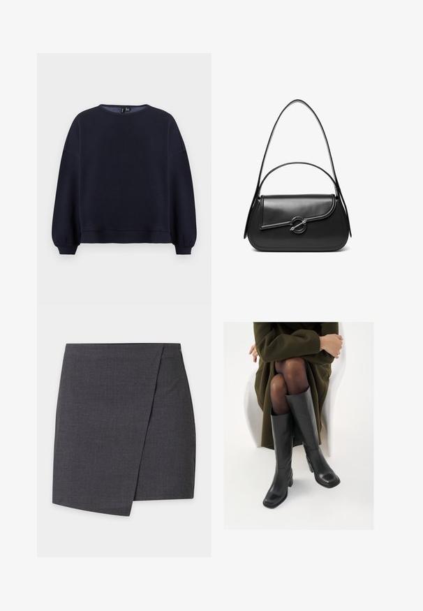 Sudadera azul marino con escote redondeado, hombros caídos y puños fruncidos. Textura suave con un corte relajado y dobladillo acanalado.; Minifalda gris oscuro de estilo envolvente con líneas limpias y un sutil detalle de solapado lateral.; Botas de cuero negro hasta la rodilla con puntera cuadrada y tacón de bloque, presentadas con un modelo sentado en un abrigo verde oliva. Textura suave, mínimo detalle.; Bolso de hombro de cuero negro con una solapa curva asegurada por un broche metálico redondo y una correa delgada y ajustable.