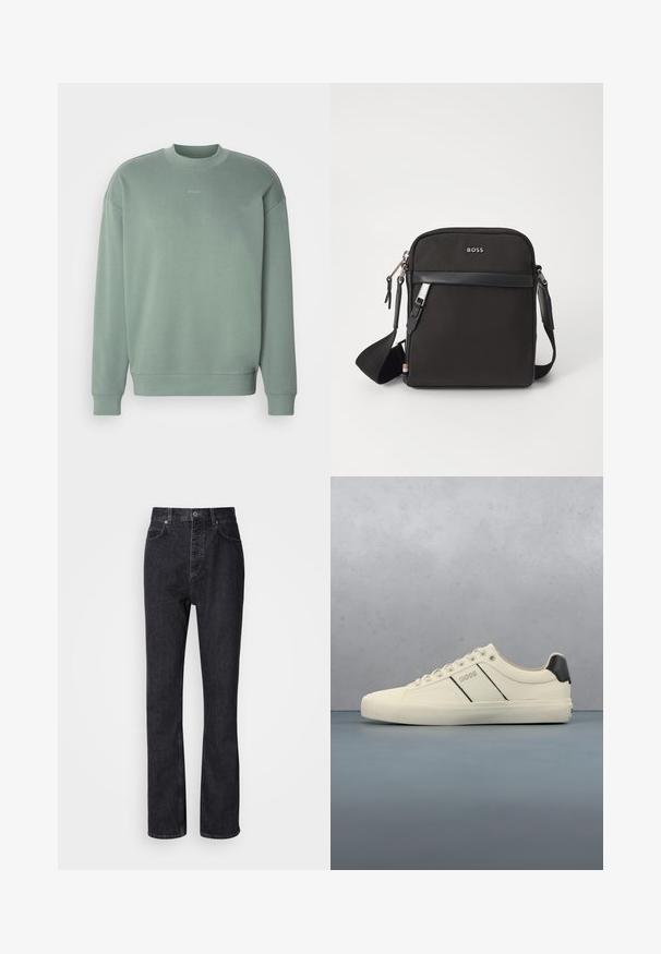 Sweat-shirt vert menthe avec un col ras du cou, épaules abaissées, poignets côtelés et un logo "HUGO" subtil centré sur la poitrine. Texture douce.; Jean en denim noir taille haute avec fermeture à bouton et à glissière, poches avant et arrière, et coupe droite.; Baskets de couleur crème avec une texture lisse, dotées d'accents et de marquage noirs. Design classique à lacets avec un bout rond et une semelle en caoutchouc.; Sac bandoulière noir en tissu texturé, avec un logo sur le devant, fermeture éclair et une bandoulière réglable. Finitions en cuir lisse.