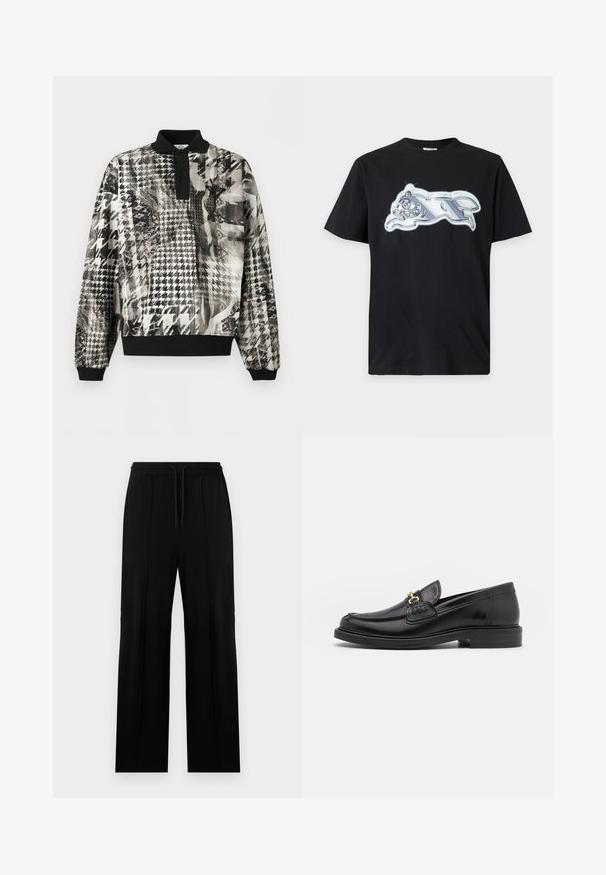 Pull-over à manches longues avec col et poignets noirs, présentant un motif pied-de-poule abstrait noir et blanc texturé.; T-shirt noir à manches courtes avec un graphisme métallique argenté brillant représentant un animal courant sur la poitrine.; Pantalon noir à jambe droite avec taille élastique et cordon de serrage, présentant des détails de coutures verticales à l'avant.; Mocassins en cuir noir avec un embout rond, présentant des accents en métal doré et des détails de couture, montés sur une semelle en caoutchouc texturé et basse.