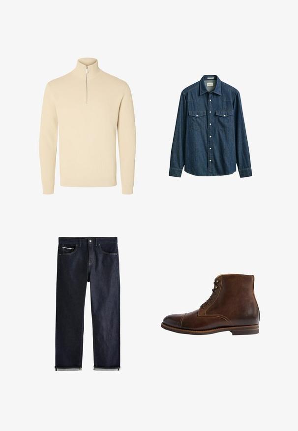 Pull beige en maille avec un col montant côtelé et une courte fermeture éclair à l'avant, avec des manches longues et des poignets et un bas côtelés.; Chemise en denim bleu foncé à manches longues avec boutons-pression, deux poches poitrine avec rabats et col pointu.; Jean en denim bleu foncé avec revers roulés, fermeture bouton et zip, poches avant et poche monnaie, et coutures contrastées sur fond blanc.; Bottine en cuir brun avec un bout arrondi, un design à lacets, des coutures contrastantes et une finition lisse. Semelle plate et accents minimalistes.